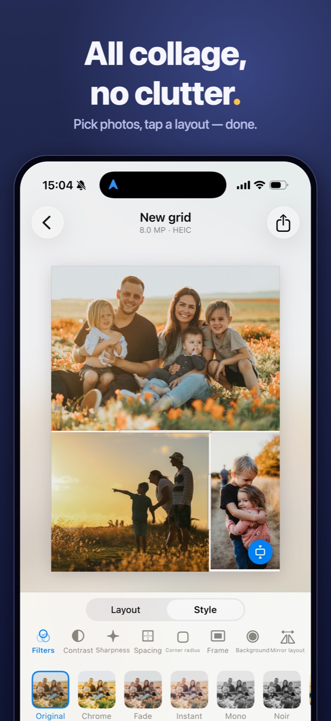 Tilea editor with a three-photo collage and the filter row open