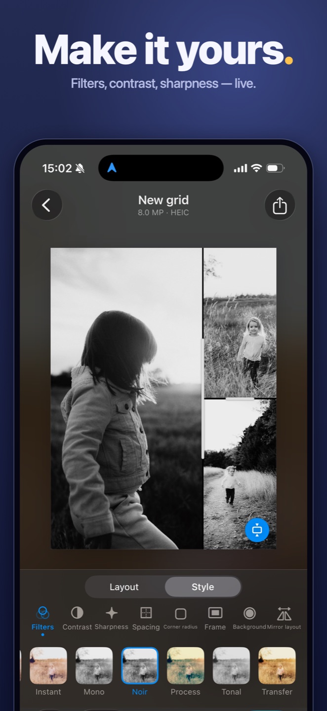 Style controls: filters, contrast and sharpness, adjusted live