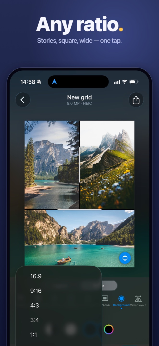 Aspect ratio menu: 16:9, 9:16, 4:3, 3:4 and 1:1